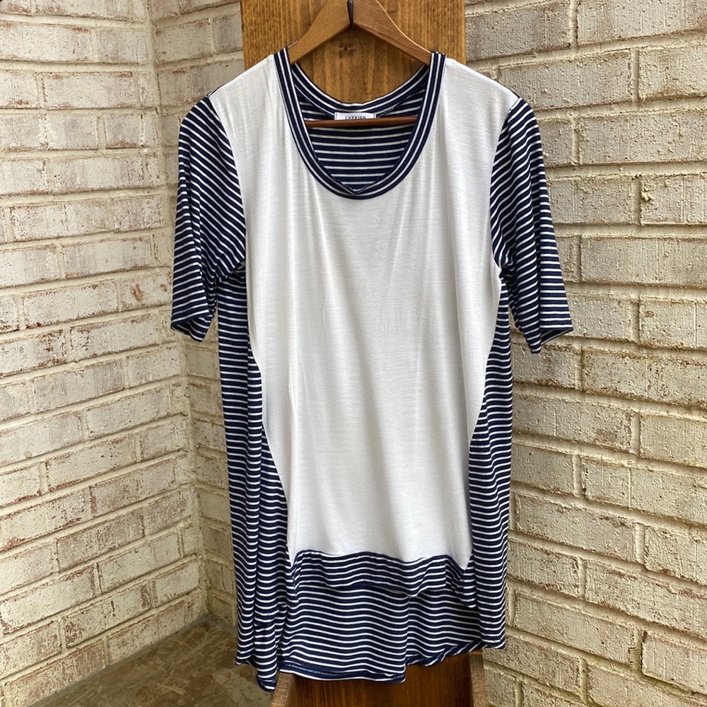 Navy Blue striped tee shirt tunic with white front panel insert
